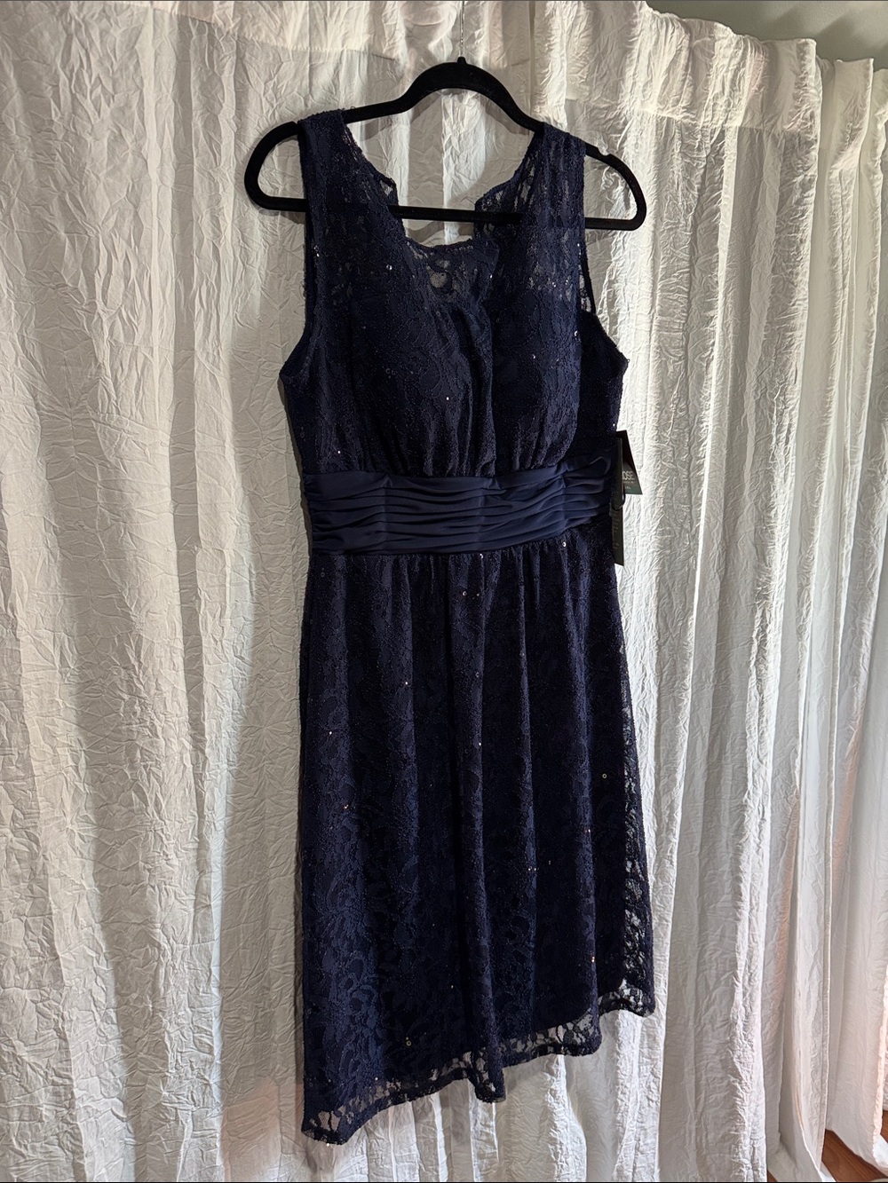 Navy Lace Midi Dress with Ruched Waist
